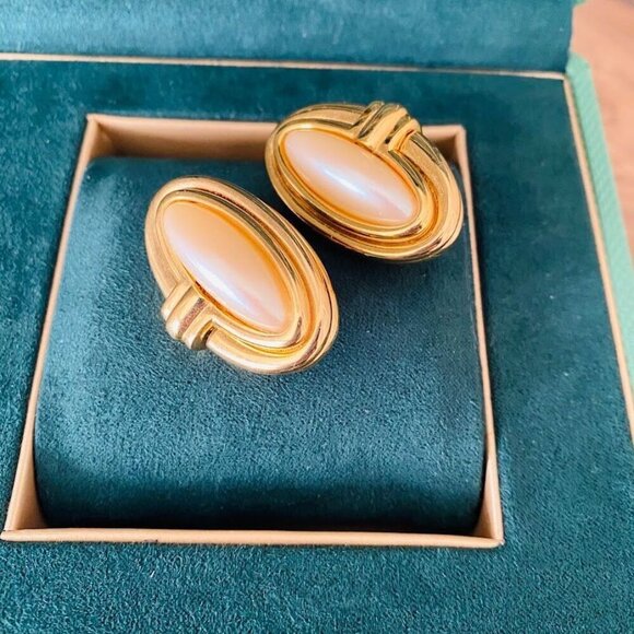 Vintage Givenchy Oval Pearl Cabochon Earrings Pierced - Picture 2 of 5